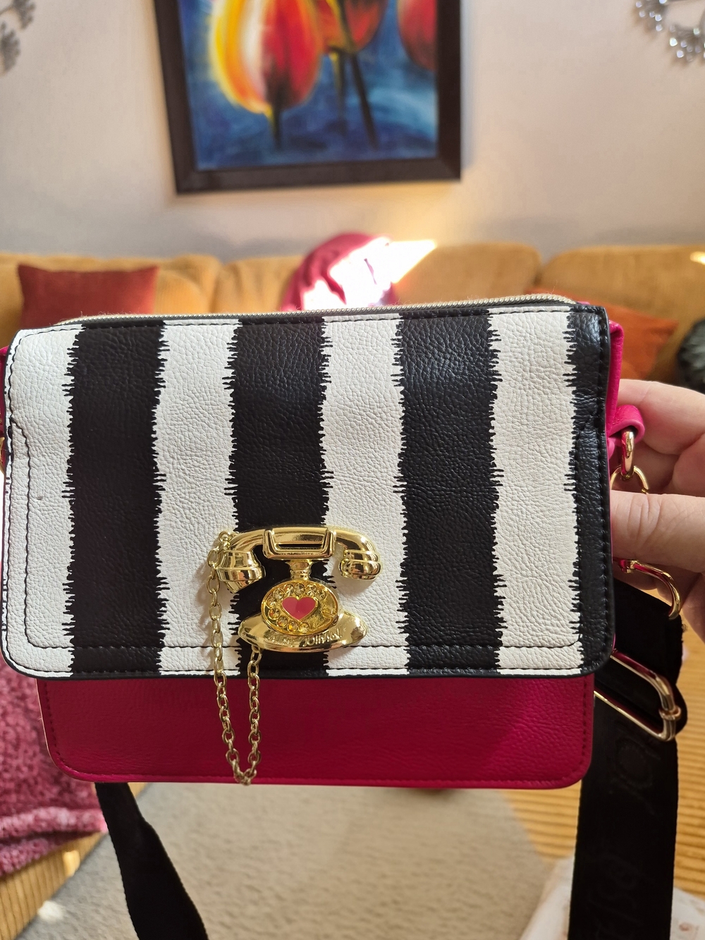 Betsey Johnson Striped Black & White with H Pink Phone Clasp Charm Crossbody Bag